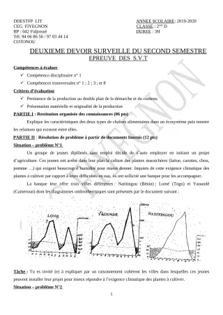 Première page de Mathématiques 2nde D — 2e devoir surveillé, 2e semestre (2019-2020) · CEG FIYEGNON