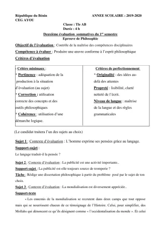 Première page de Philosophie Tle A & B — 2e évaluation sommative, 1er semestre (2019-2020) · CEG AYOU