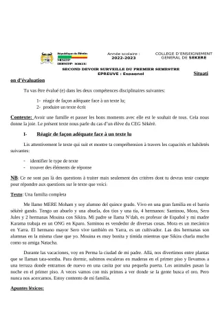Première page de Espagnol 4e — 2e devoir surveillé, 1er semestre (2022-2023) · CEG SEKERE