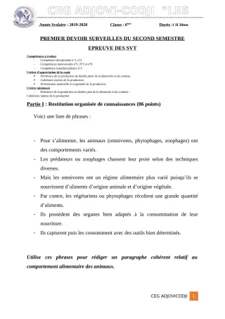 Première page de SVT 6e — 1er devoir surveillé, 2e semestre (2019-2020) · CEG ADJOVICODJI 'LES OLIVIERS'