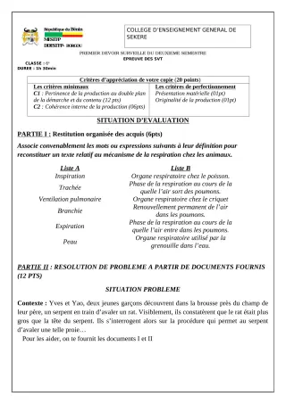 Première page de SVT 6e — 1er devoir surveillé, 2e semestre (2022-2023) · CEG SEKERE
