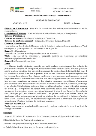Première page de Philosophie 2nde D — 2e devoir surveillé, 2e semestre (2021-2022) · CEG SEKERE
