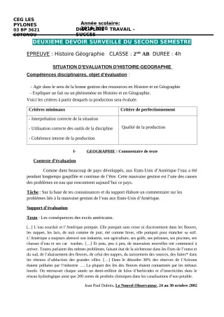 Première page de Histoire-Géographie 6e, 5e, 2nde A & B, 2nde A1, 2nde A2, 2nde B, 2nde C, 2nde D — 2e devoir surveillé, 2e semestre (2019-2020) · CEG Les Pylônes