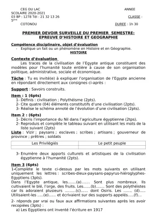 Première page de Histoire-Géographie 5e — 1er devoir surveillé, 1er semestre (2020-2021) · CEG du Lac
