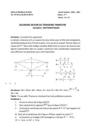 Première page de Mathématiques 6e, 5e, 4e, 3e, 3e ML, 2nde B, 2nde D — 2e devoir surveillé, 3e trimestre (2020-2021) · CEPG La Prunelle de Dieu