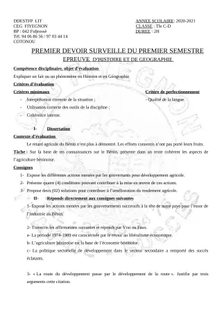 Première page de Histoire-Géographie Tle C, Tle D — 1er devoir surveillé, 1er semestre (2020-2021) · CEG FIYEGNON