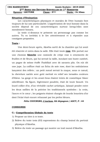Première page de Français 5e — Devoir surveillé, 1er semestre (2019-2020) · CEG MAREGOUROU