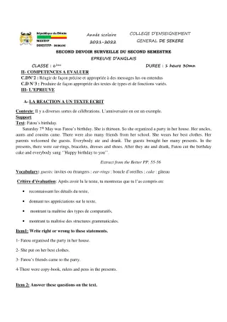 Première page de Anglais 6e — 2e devoir surveillé, 2e semestre (2021-2022) · CEG SEKERE