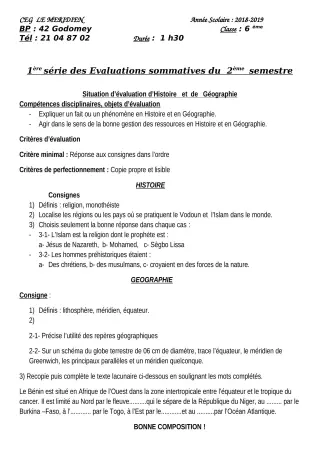 Première page de Histoire-Géographie 6e — 1re évaluation sommative, 2e semestre (2018-2019) · CEG Le Méridien