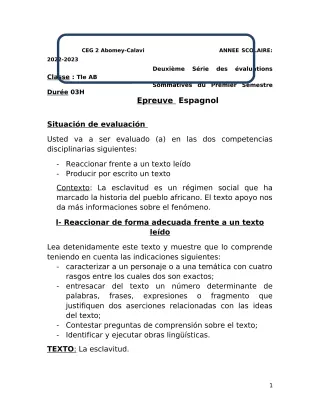 Première page de Espagnol Tle A1 — 2e évaluation sommative, 1er semestre (2022-2023) · CEG2 ABOMEY - CALAVI (CEG ZOCA)