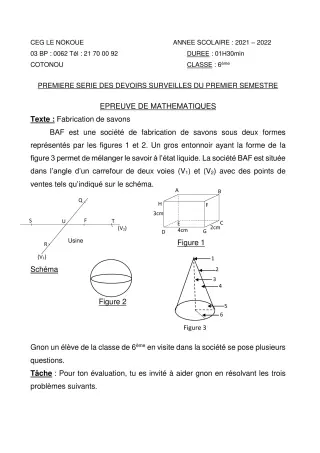 Première page de Mathématiques 6e — 1er devoir surveillé, 1er semestre (2021-2022) · CEG LE NOKOUE