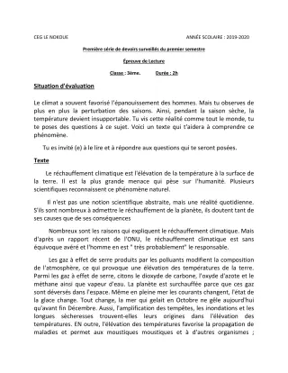 Première page de Français 3e — 1er devoir surveillé, 1er semestre (2019-2020) · CEG LE NOKOUE
