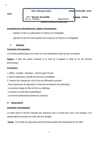 Première page de Histoire-Géographie 6e — 2e devoir surveillé, 1er semestre (2018-2019) · CEG2 ABOMEY - CALAVI (CEG ZOCA)