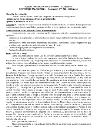 Première page de Espagnol 1ère A1, 1ère A2, 1ère B — Devoir surveillé (2019-2020) · CPEG Roger LAFIA