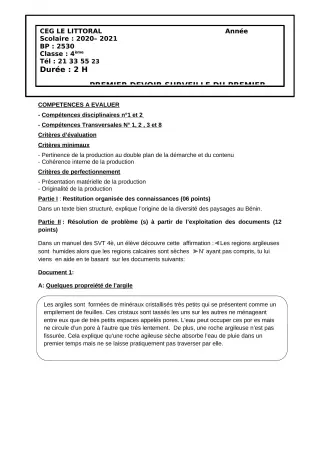 Première page de SVT 4e — 1er devoir surveillé (2020-2021) · CEG Le Littoral