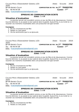 Première page de Français 5e — 1re composition, 2e trimestre (2019-2020) · CPEG LICA