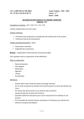 Première page de SVT 6e — 2e devoir surveillé (2021-2022) · CEPG La Prunelle de Dieu