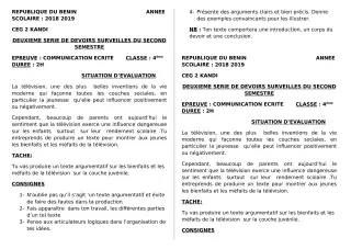 Première page de Français 4e, 4e ML — 2e devoir surveillé, 2e semestre (2018-2019) · CEG 2 KANDI