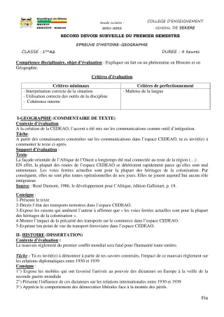 Première page de Histoire-Géographie 1ère A2 — 2e devoir surveillé, 1er semestre (2021-2022) · CEG SEKERE