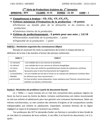 Première page de SVT 6e — 1re production scolaire, 1er semestre (2022-2023) · CEG GOHO