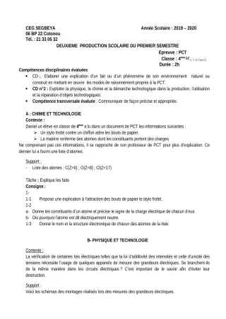 Première page de PCT 4e — 2e production scolaire, 1er semestre (2019-2020) · CEG SEGBEYA