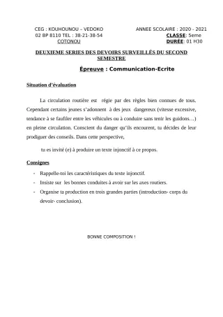 Première page de Français 5e — 2e devoir surveillé, 2e semestre (2020-2021) · CEG Kouhounou-Vêdoko