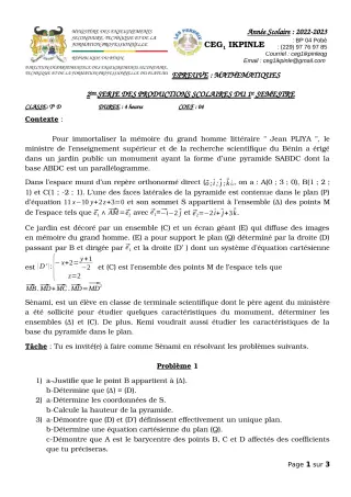 Première page de Mathématiques Tle D — 2e production scolaire, 1er semestre (2022-2023) · CEG1 Ikpinlè