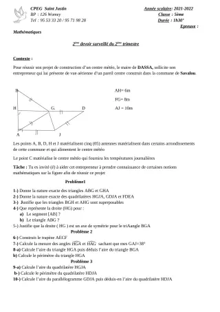 Première page de Mathématiques 6e, 5e — 2e devoir surveillé, 2e trimestre (2021-2022) · CPEG SAINT Justin