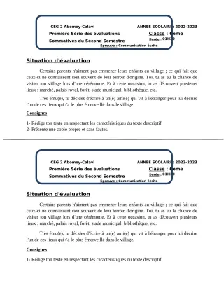 Première page de Français 6e — 1re évaluation sommative, 2e semestre (2022-2023) · CEG2 ABOMEY - CALAVI (CEG ZOCA)