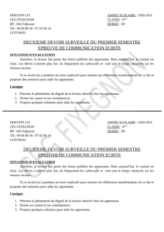 Première page de Français 4e — 2e devoir surveillé, 1er semestre (2020-2021) · CEG FIYEGNON