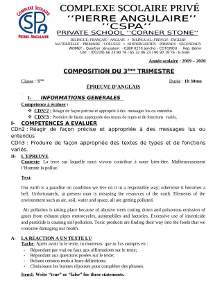 Première page de Anglais 5e — Composition, 3e trimestre (2019-2020) · CPEG PIERRE ANGULAIRE