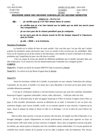 Première page de Français 2nde A, 2nde A & B, 2nde A1, 2nde A2, 2nde B, 2nde C, 2nde D — 2e devoir surveillé, 2e semestre (2019-2020) · CEG HOUEYIHO