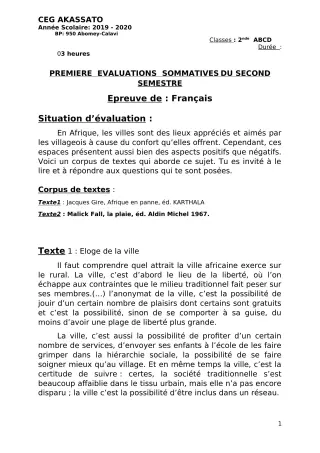 Première page de Français 2nde A, 2nde A & B, 2nde B, 2nde C, 2nde D — 1re évaluation sommative, 2e semestre (2019-2020) · CEG Akassato