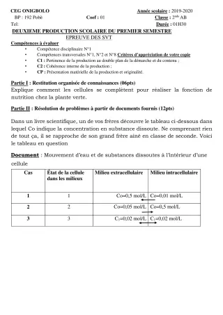 Première page de SVT 2nde A2 — 2e production scolaire, 1er semestre (2019-2020) · CEG ONIGBOLO