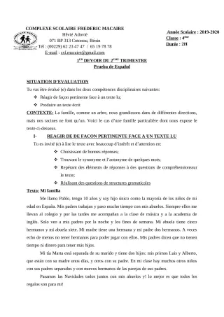 Première page de Espagnol 4e ML — 1er devoir surveillé, 2e trimestre (2019-2020) · CPEG Frédéric Macaire
