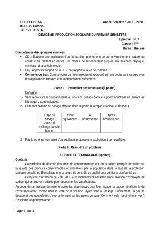 Première page de PCT 3e — 2e production scolaire, 1er semestre (2019-2020) · CEG SEGBEYA
