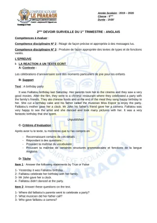 Première page de Anglais 5e — 2e devoir surveillé, 1er trimestre (2019-2020) · CPEG LE PHARAON