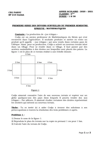 Première page de Mathématiques 6e — 1er devoir surveillé, 1er semestre (2020-2021) · CEG PAHOU