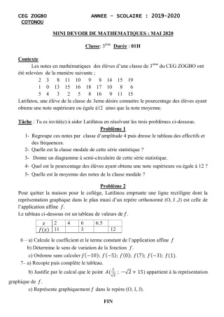 Première page de Mathématiques 3e, 3e ML — 1er devoir surveillé (2019-2020) · CEG ZOGBO
