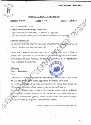 Première page de Histoire-Géographie 6e — 1re composition (2020-2021) · CPEG ROSAIRE