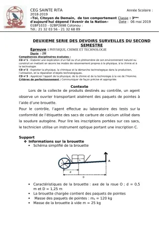 Première page de PCT 3e — 2e devoir surveillé, 2e semestre (2018-2019) · CEG Sainte Rita