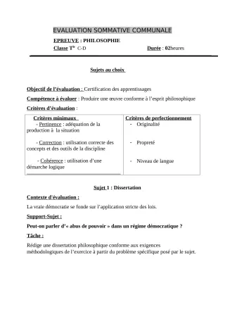 Première page de Philosophie Tle C, Tle D — Évaluation sommative (2018-2019) · CEG Banikanni