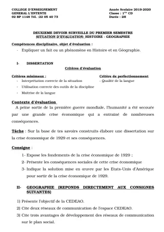 Première page de Histoire-Géographie 1ère C, 1ère D — 2e devoir surveillé, 1er semestre (2019-2020) · CEG L'Entente