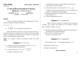 Première page de Mathématiques Tle A1, Tle A2 — 2e devoir surveillé, 1er semestre (2018-2019) · CEG TOUI