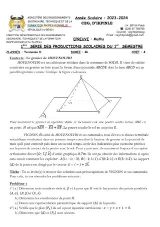 Première page de Mathématiques Tle D — 1re production scolaire, 1er semestre (2023-2024) · CEG1 Ikpinlè