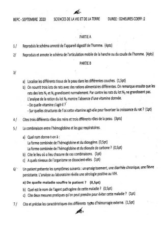 Première page de Épreuve BEPC 2020 mathématiques Togo