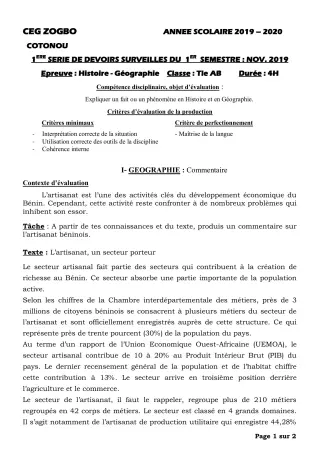 Première page de Histoire-Géographie Tle A1, Tle A2, Tle B — 1er devoir surveillé, 1er semestre (2019-2020) · CEG ZOGBO