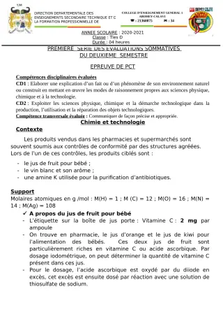 Première page de PCT Tle D — 1re évaluation sommative, 2e semestre (2020-2021) · CEG1 Abomey-Calavi