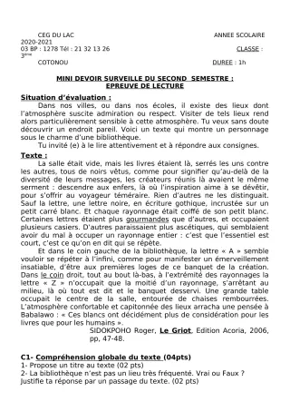 Première page de Français 3e, 3e ML — 1er devoir surveillé, 2e semestre (2020-2021) · CEG du Lac