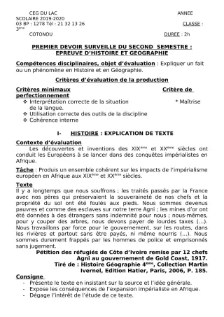 Première page de Histoire-Géographie 3e, 3e ML — 1er devoir surveillé, 2e semestre (2019-2020) · CEG du Lac